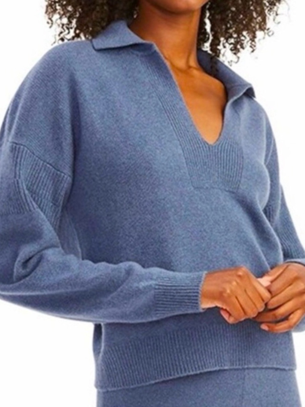 Naadam Recycled Cashmere Open Neck Polo Sweater Blue M